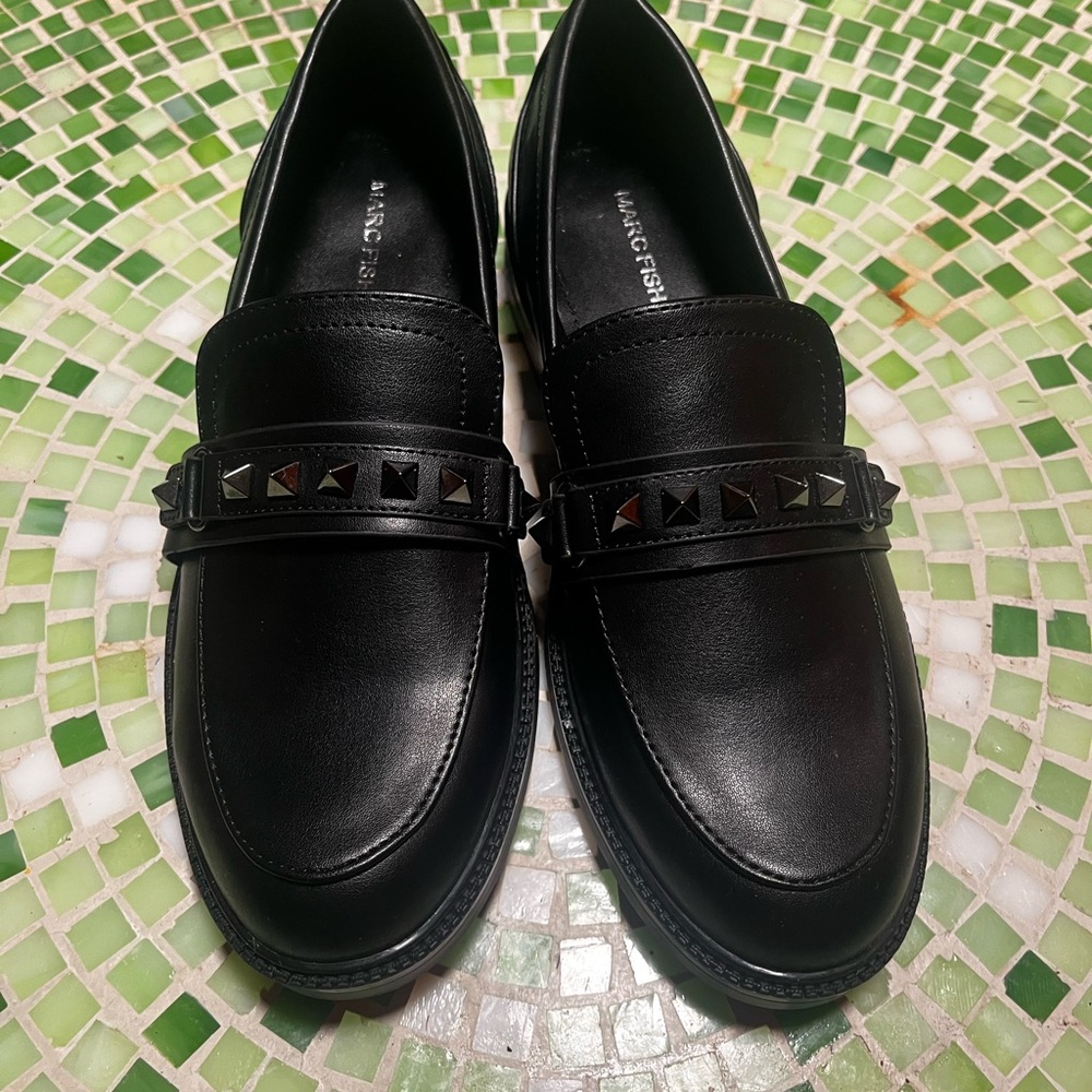 Marc Fisher Black Leather Loafers with Studded Detail
